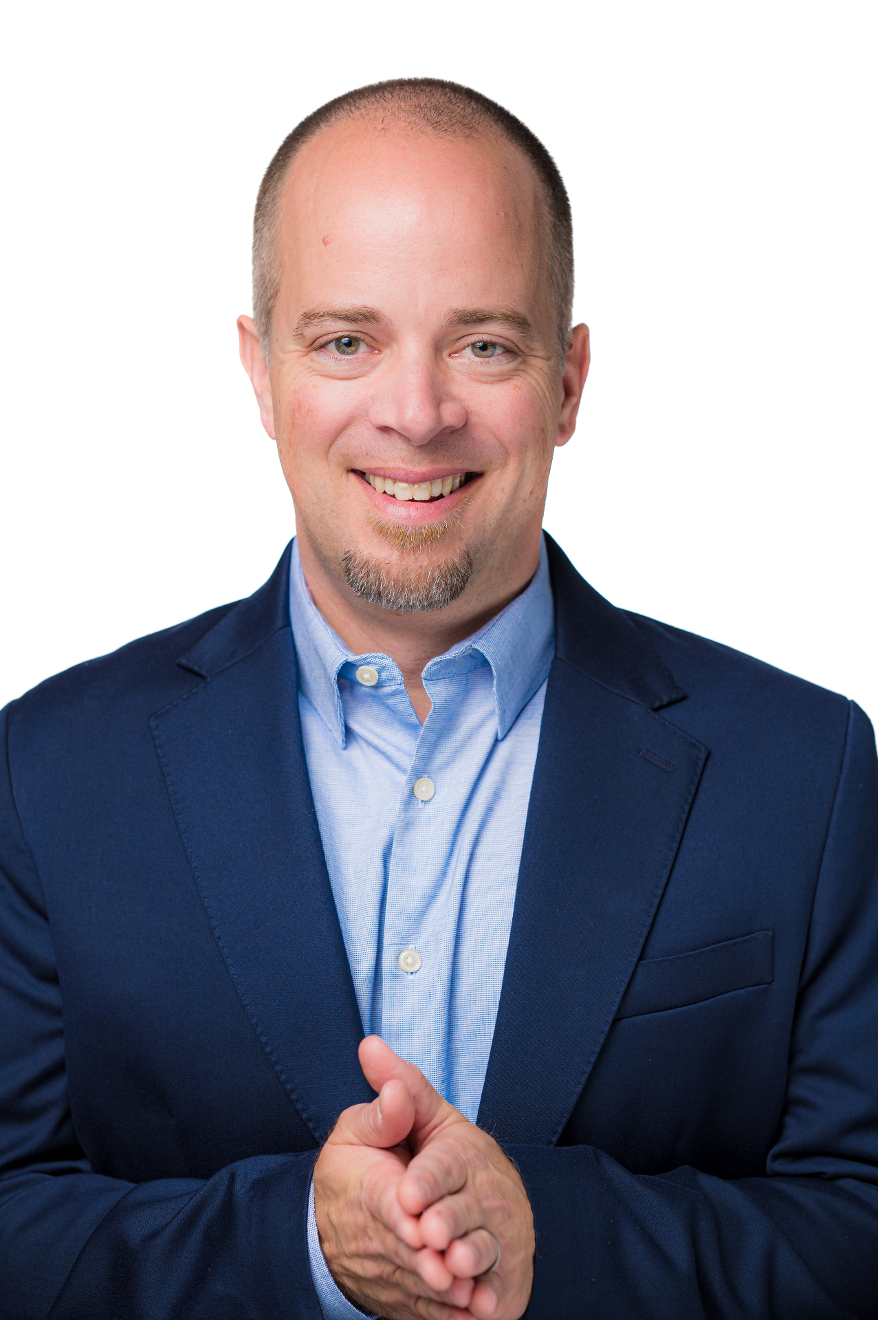 Portrait of Aaron Lee wearing a navy blazer, smiling